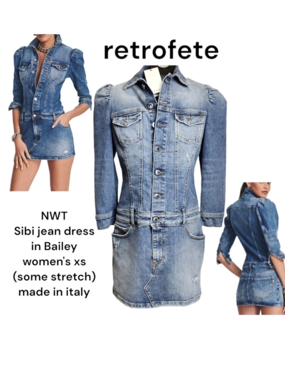 Retrofete Women Sibi dress Bailey distressed Blue denim mini jean puff sleeve xs